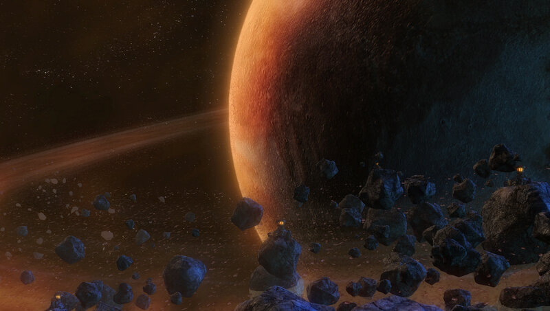Asteroid Field Near Planet — Orange, Dramatic, 3d Render