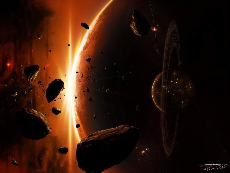 Asteroid Field Near Planet — Orange