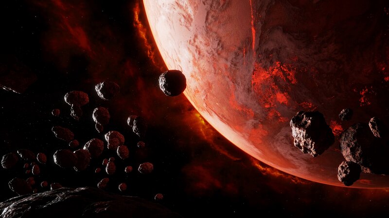 Asteroid Field Near Planet — Red