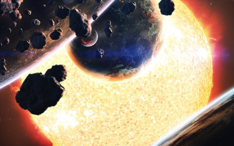 Asteroid Field Near Planet — Yellow