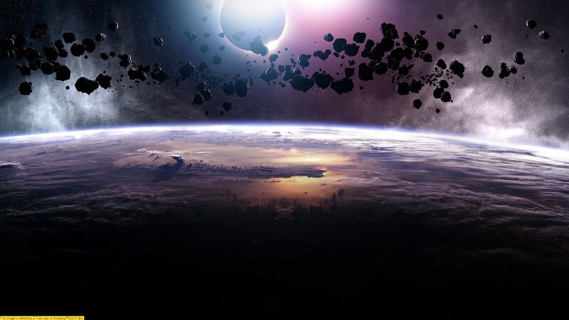 Asteroid field over a planet