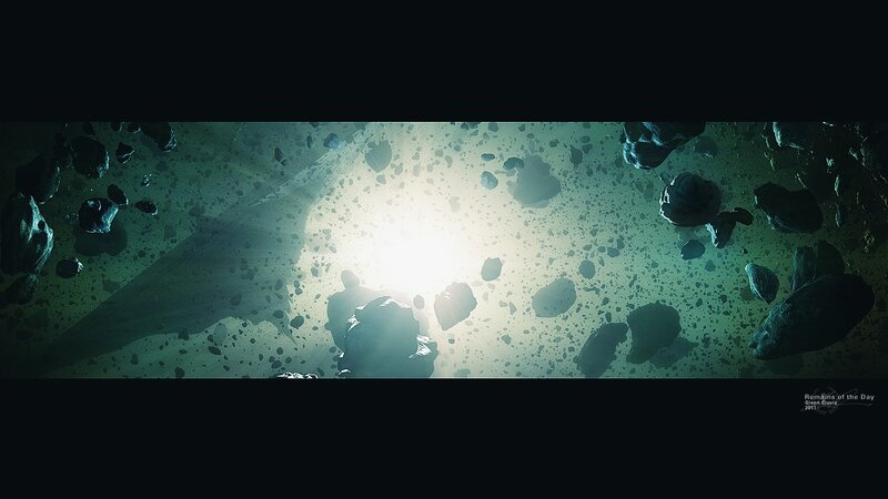 Asteroid field with bright light