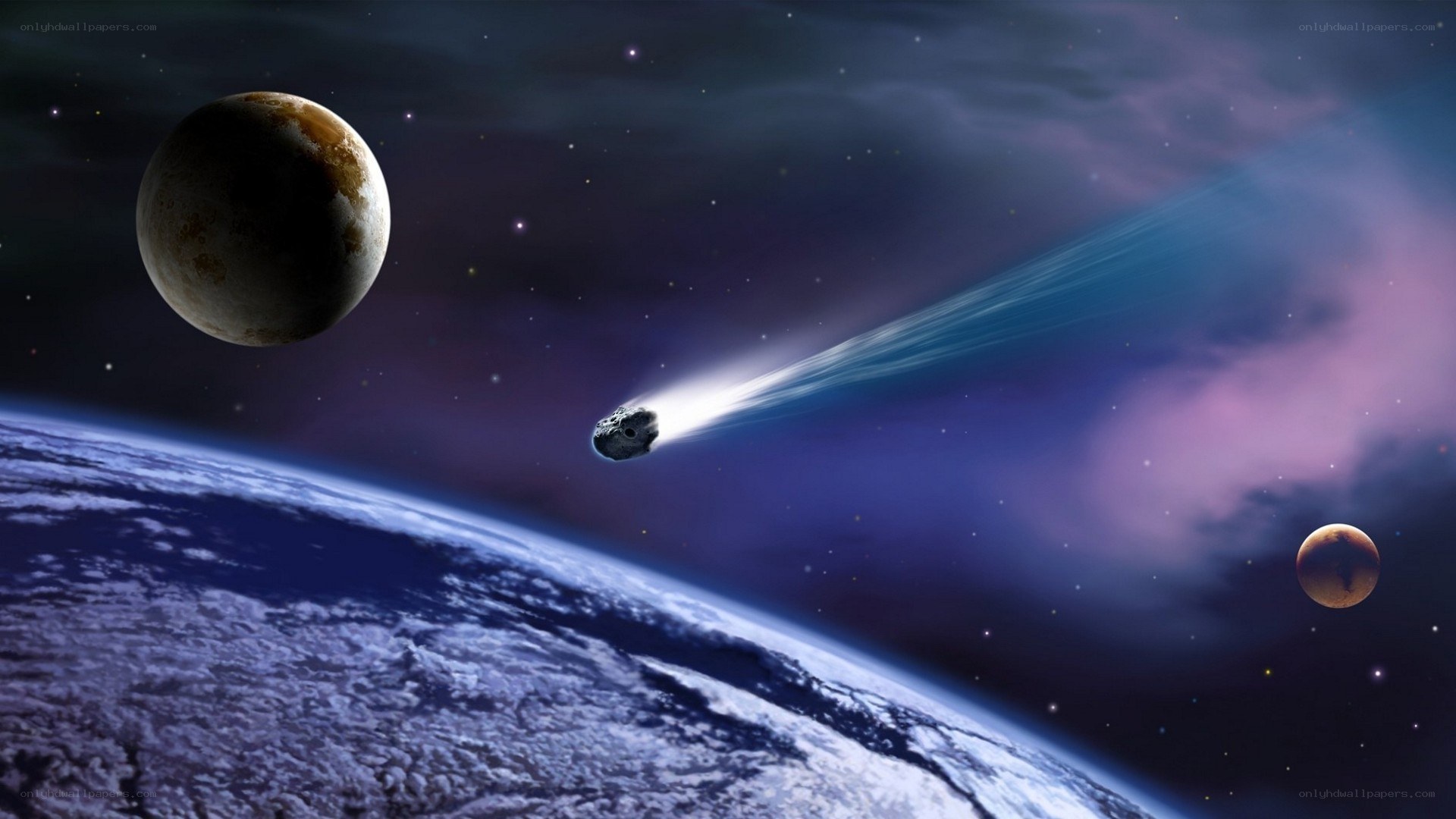 Asteroid flying over a planet