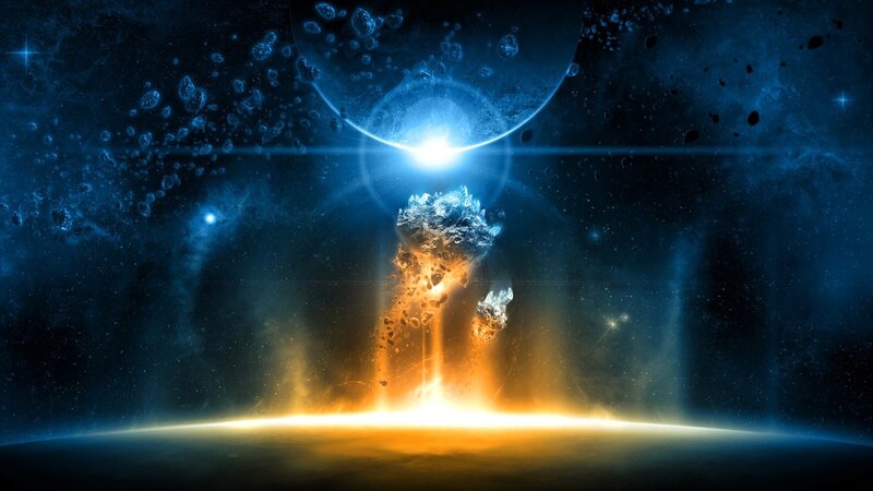 Asteroid Impact on Planet — Blue, Dramatic, Night, Digital Art