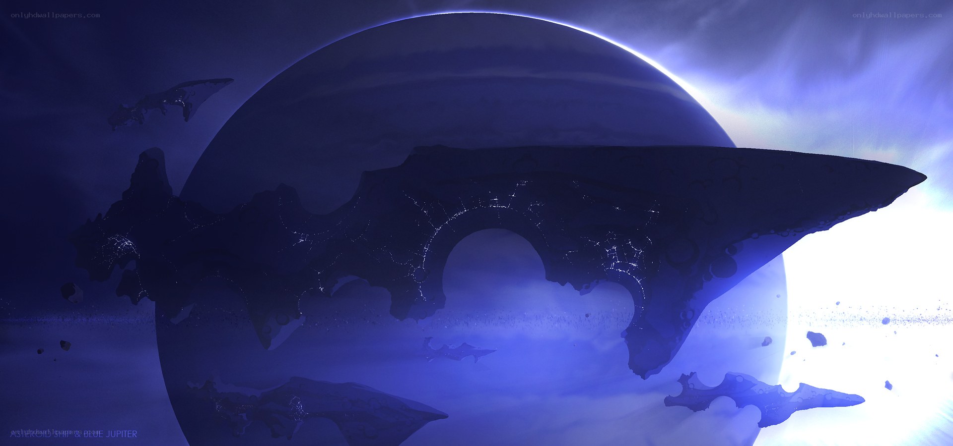 Asteroid Ship Near Blue Jupiter