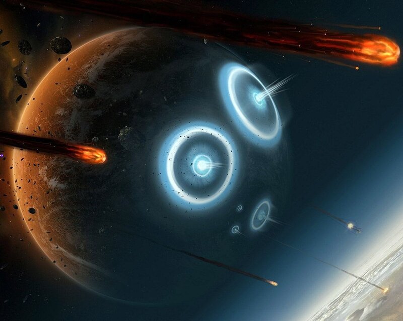Asteroid storm over a planet
