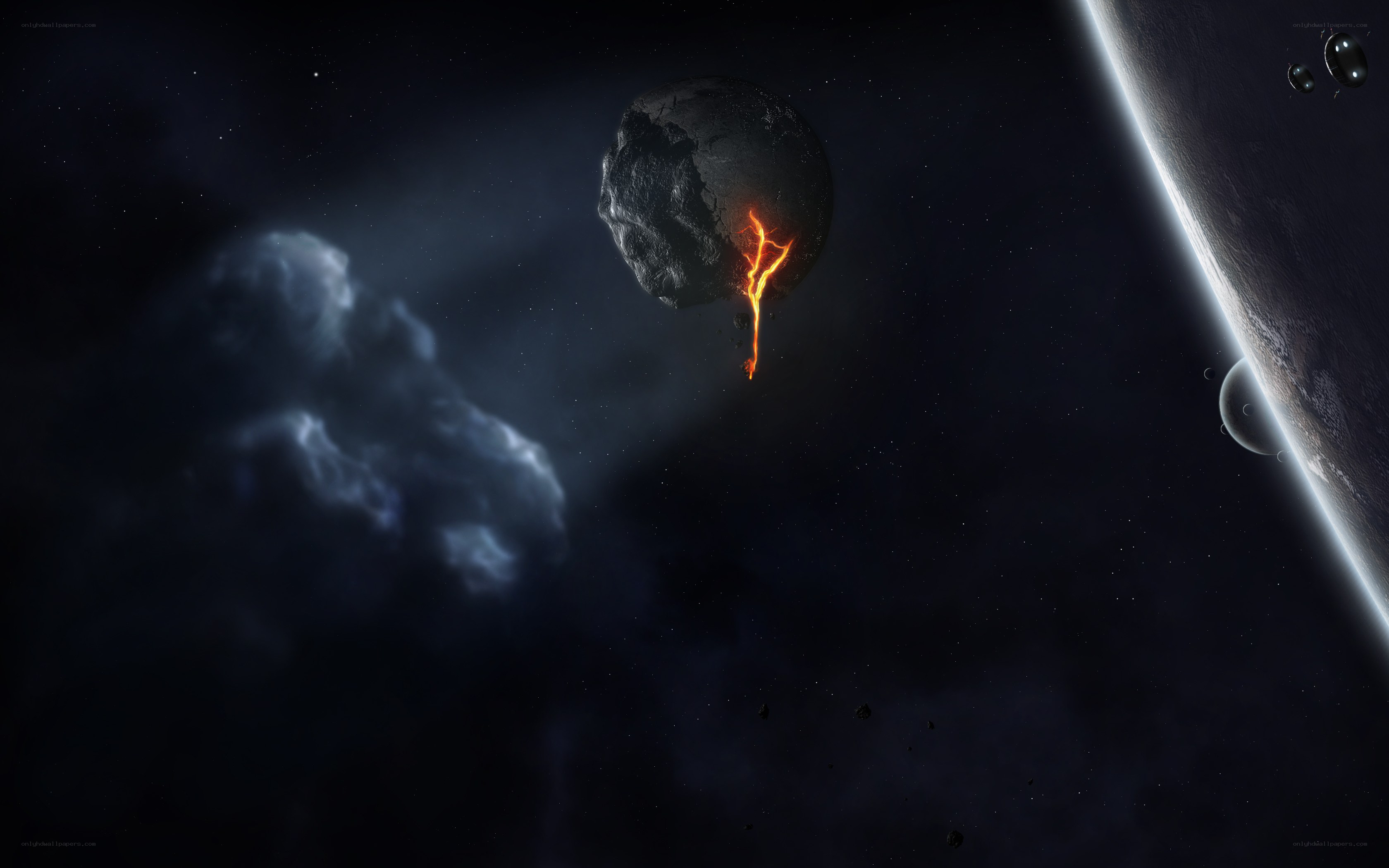 Asteroid with lava flow in space