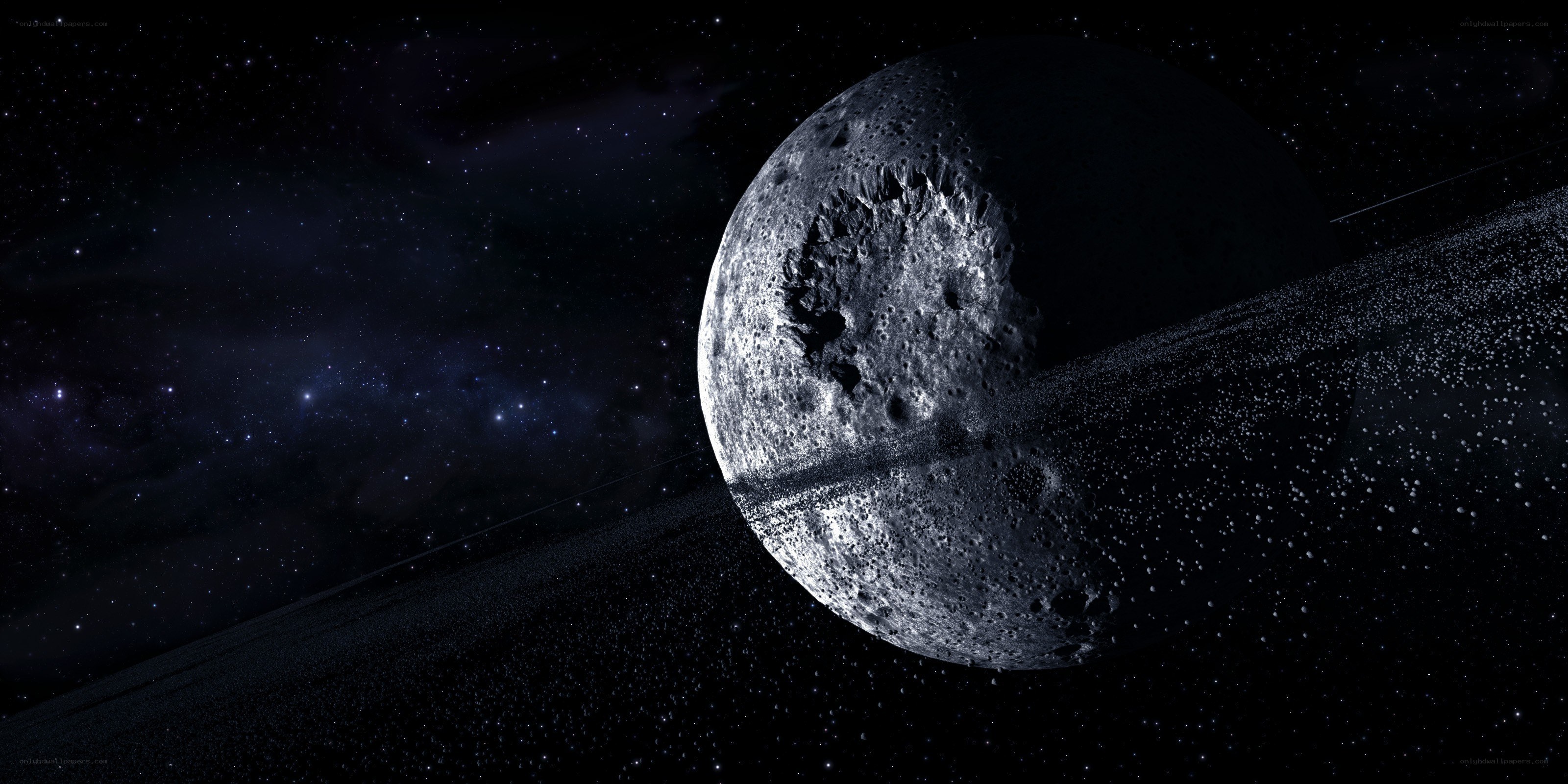 Asteroid with rings in space