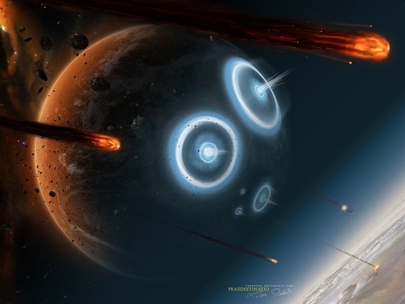 Asteroids Hitting Planet — Blue, Dramatic, Digital Art