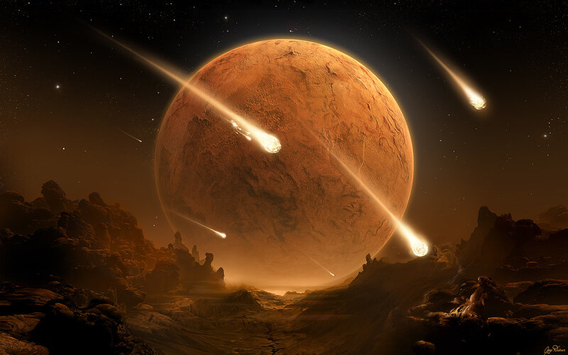 Asteroids Hitting Planet — Orange, Dramatic, Night