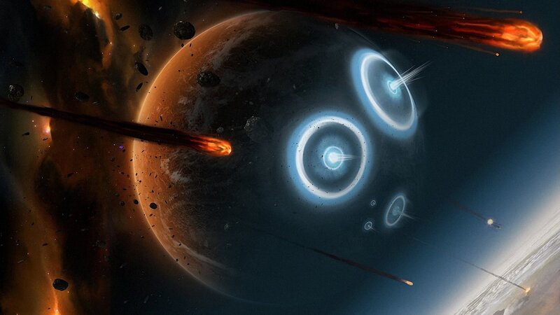 Asteroids Hitting Planet — Orange, Dramatic