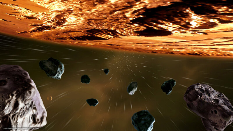 Asteroids in Space — Orange, Dramatic, Digital Art