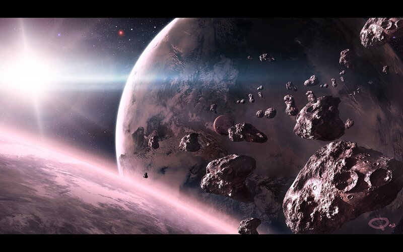 Asteroids Near Planet — Purple, Dramatic, Digital Art, Space