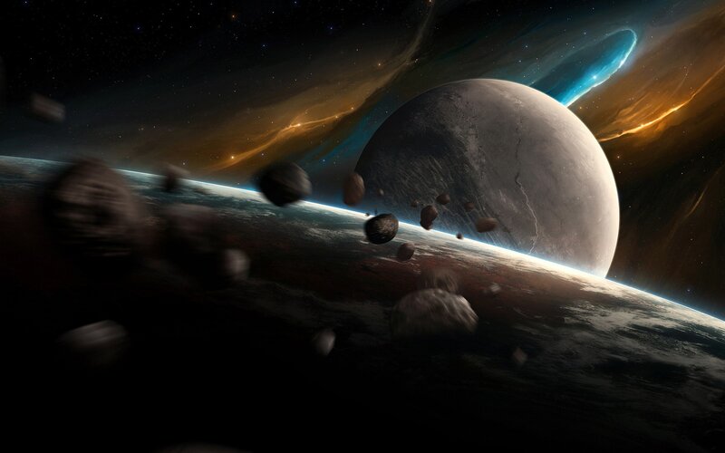 Asteroids Near Planets — Black, Dramatic, Digital Art, Space, Blue
