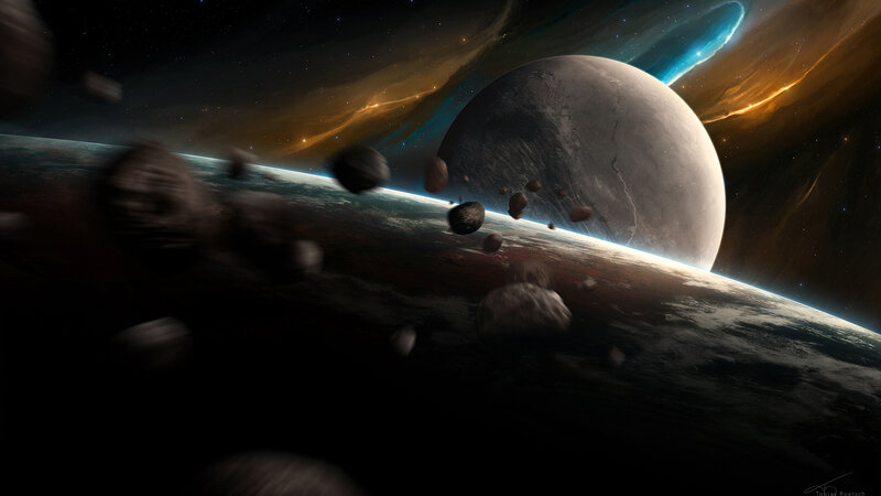 Asteroids Near Planets — Black, Dramatic