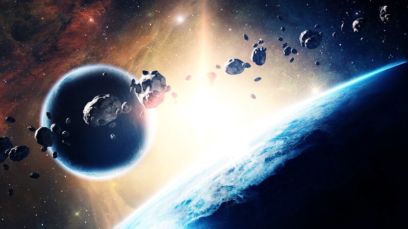 Asteroids Near Planets — Blue, Dramatic