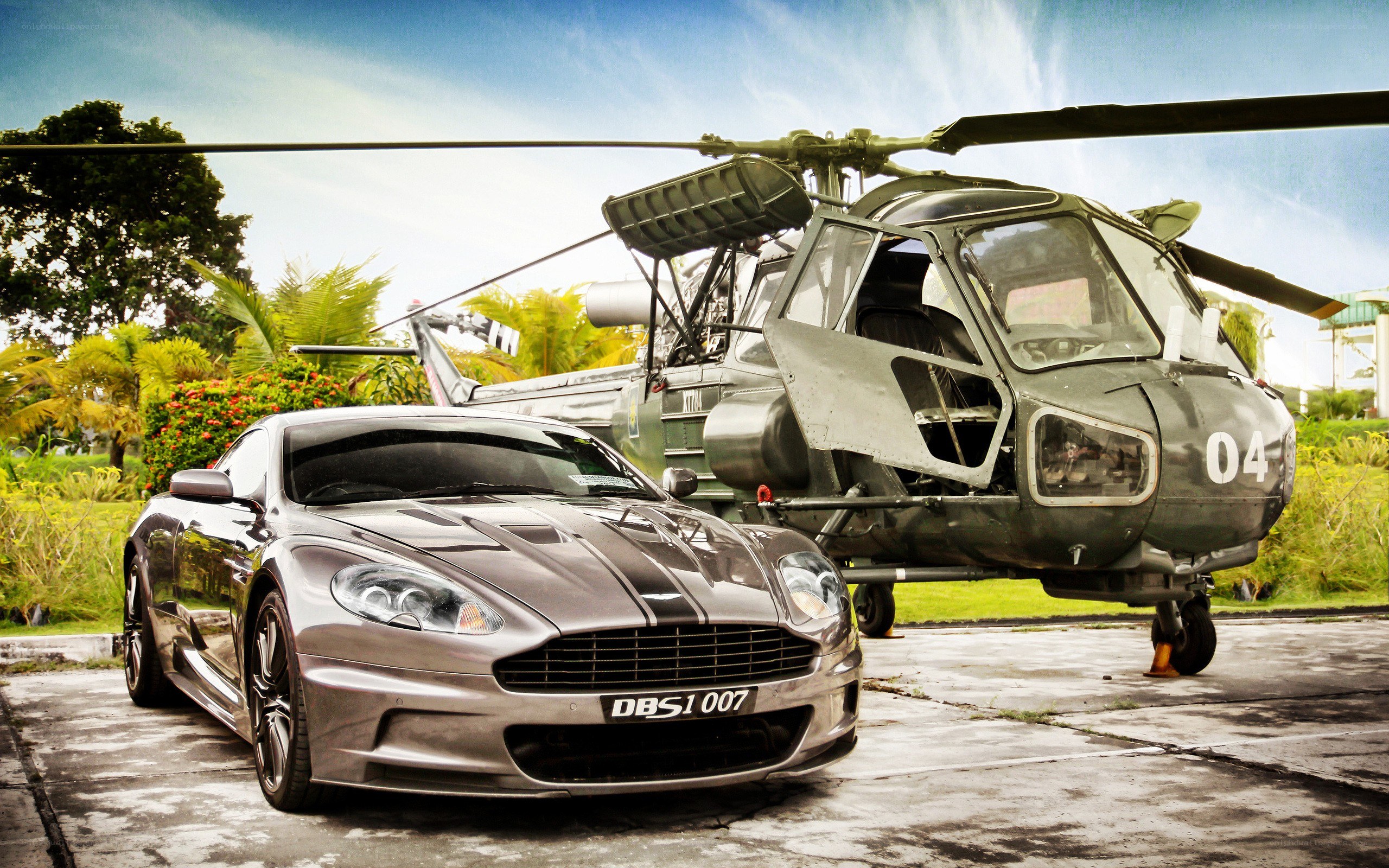 Aston Martin and helicopter