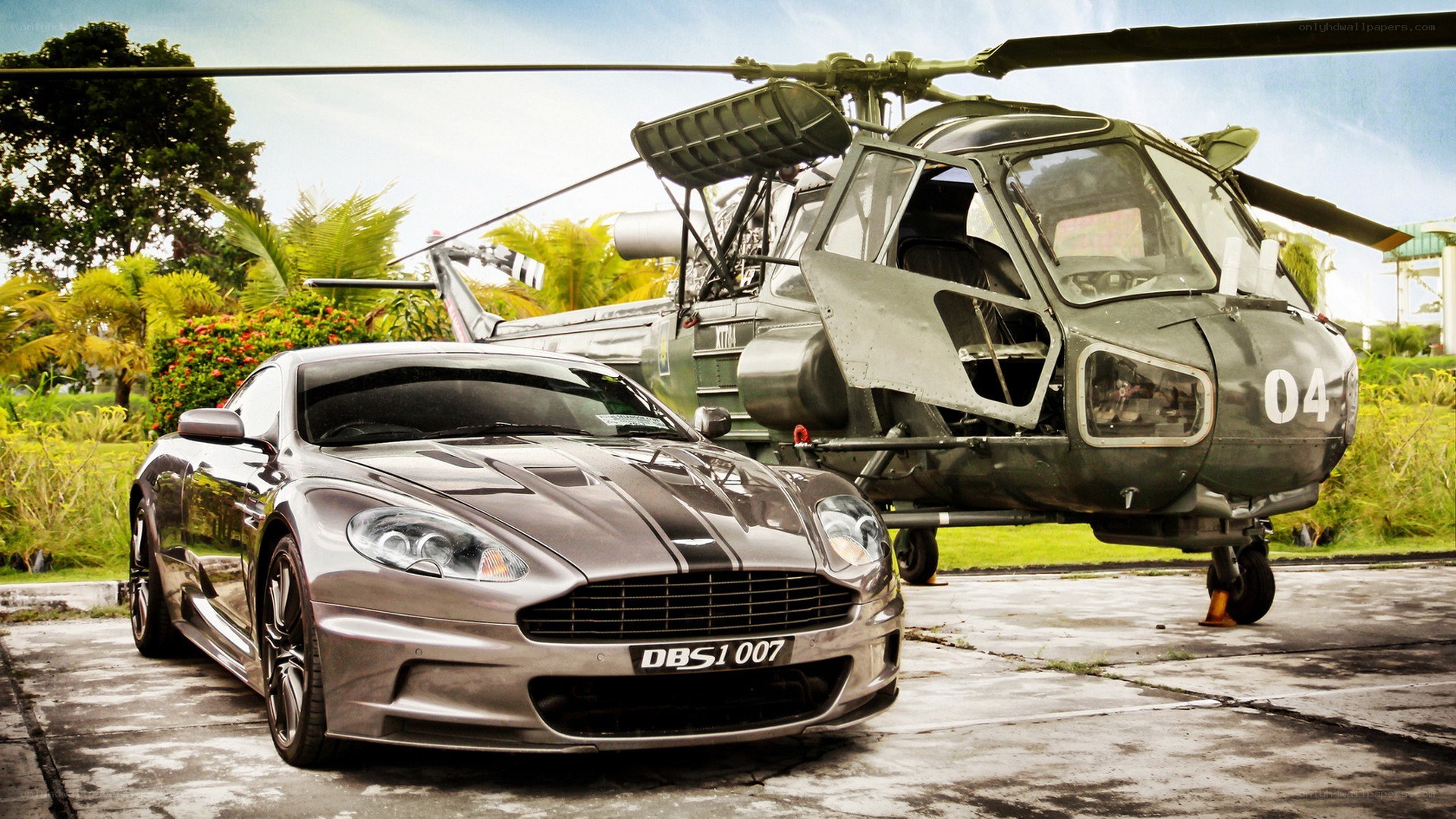 Aston Martin and helicopter