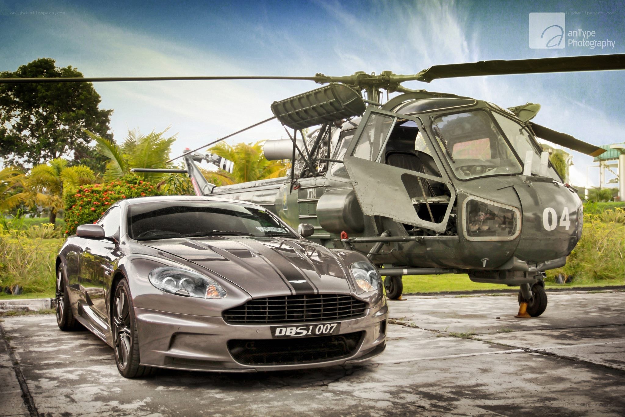 Aston Martin and helicopter