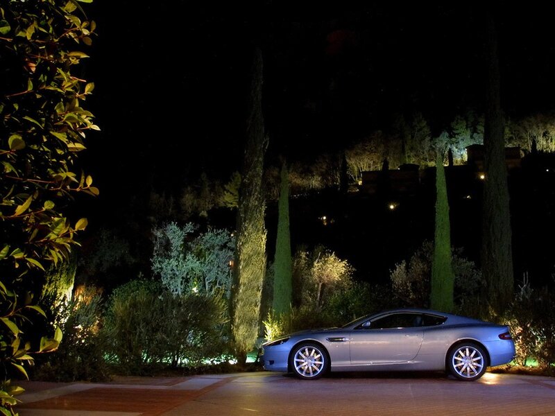 Aston Martin at night in garden