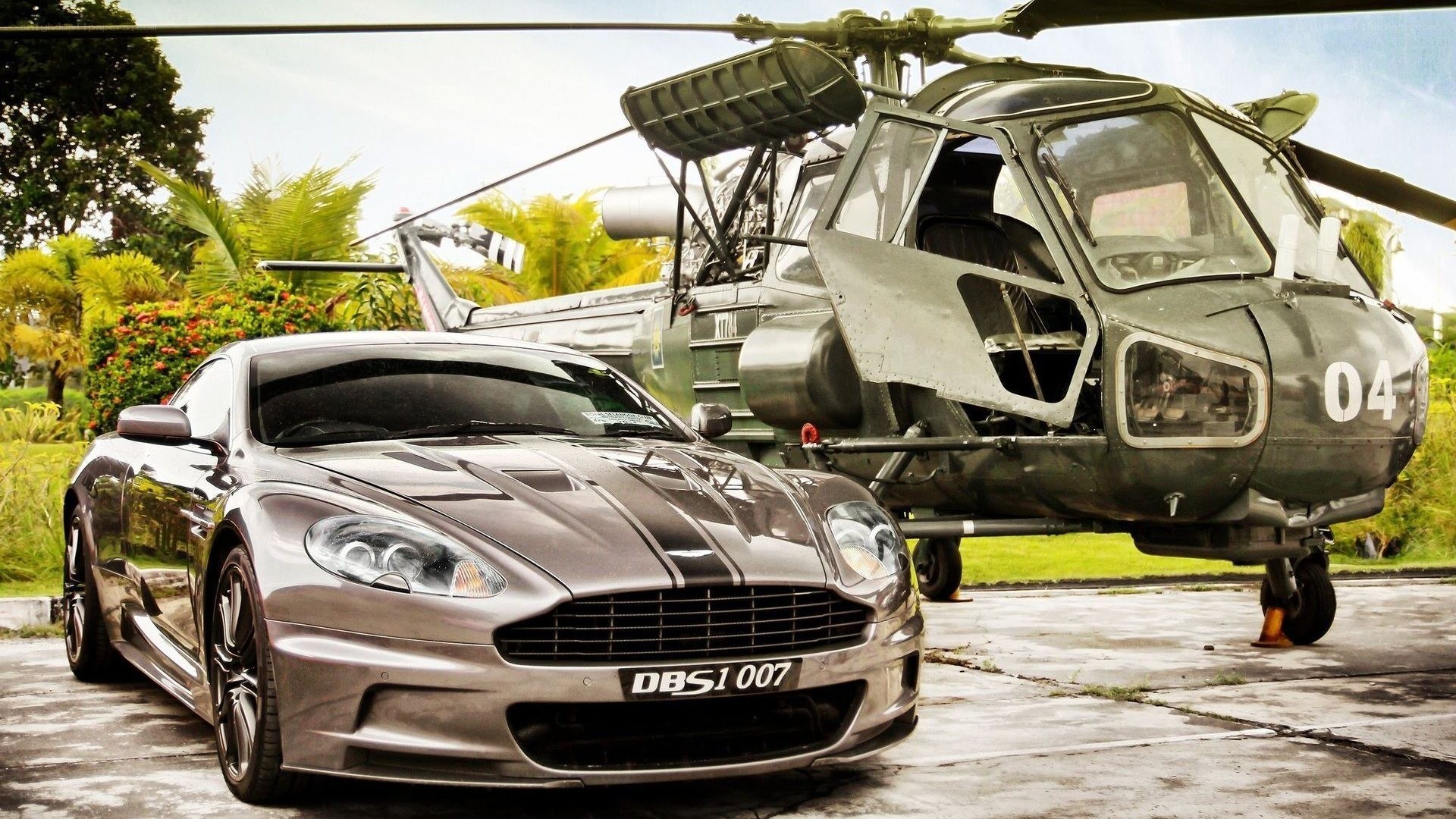 Aston Martin DBS and helicopter