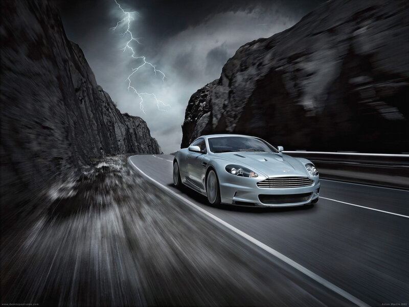 Aston Martin DBS on a stormy road