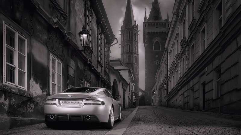 Aston Martin on a cobblestone street