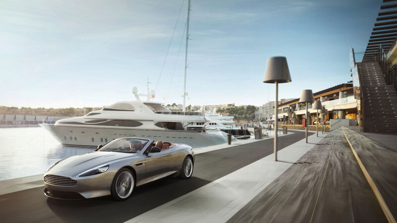 Aston Martin on a marina promenade