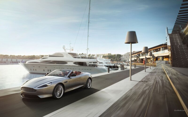 Aston Martin on a marina promenade