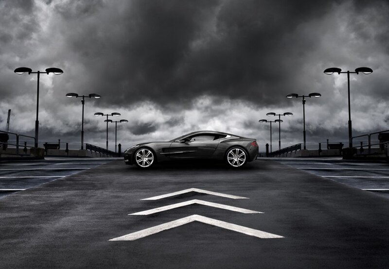 Aston Martin on a stormy parking deck