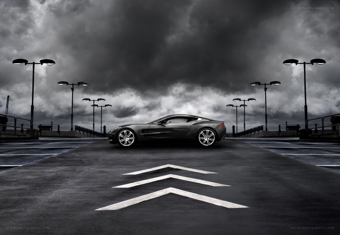 Aston Martin on a stormy parking deck