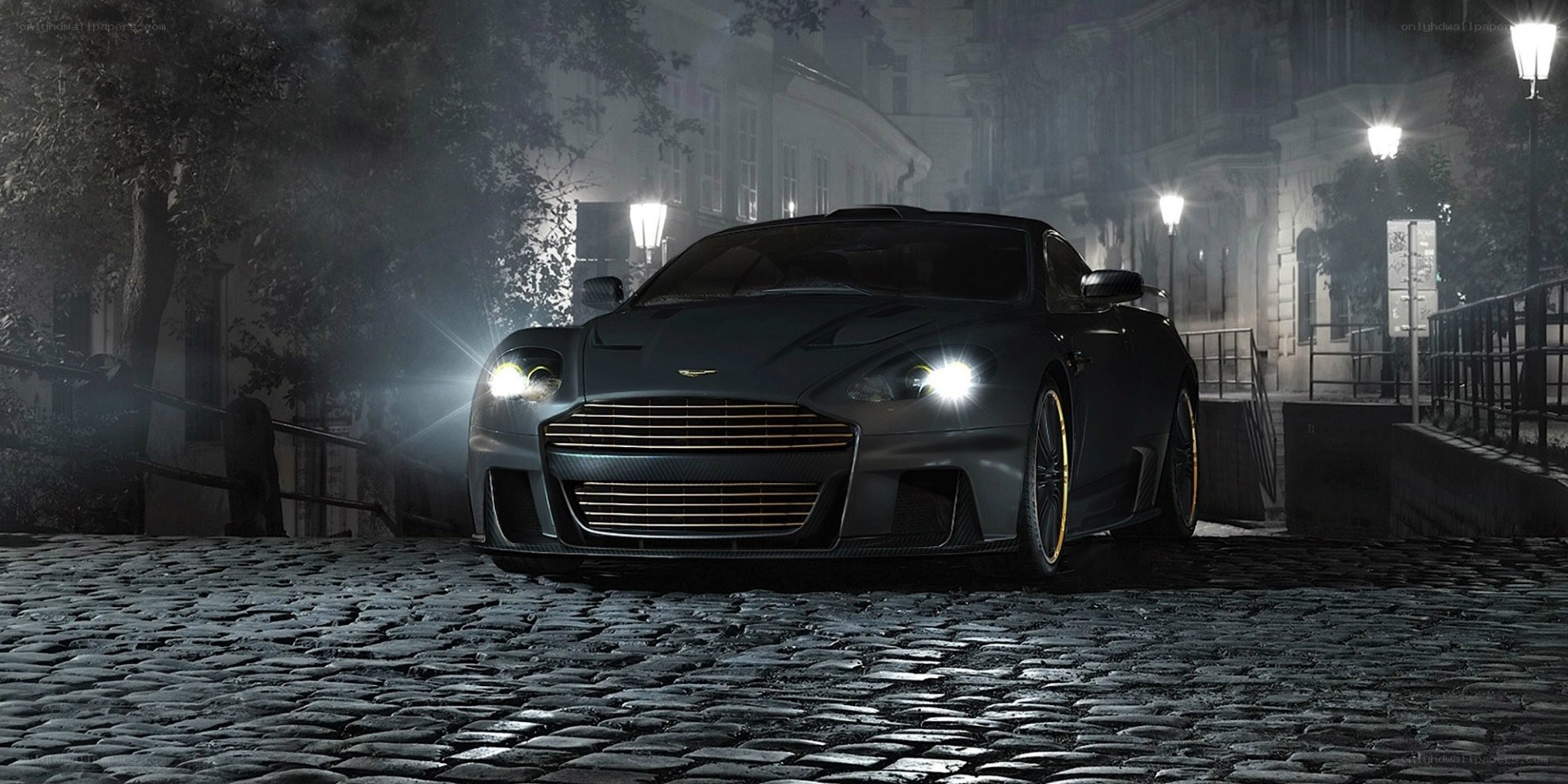Aston Martin on cobblestone street