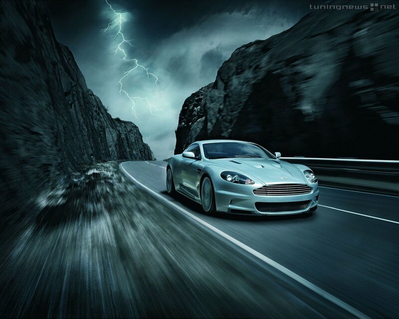 Aston Martin on stormy road