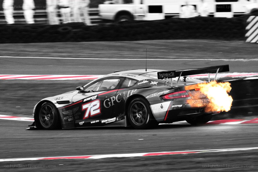 Aston Martin race car with flames