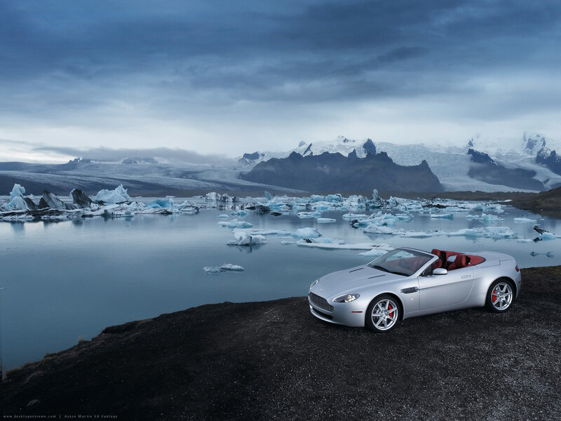 Aston Martin V8 Vantage on a glacier