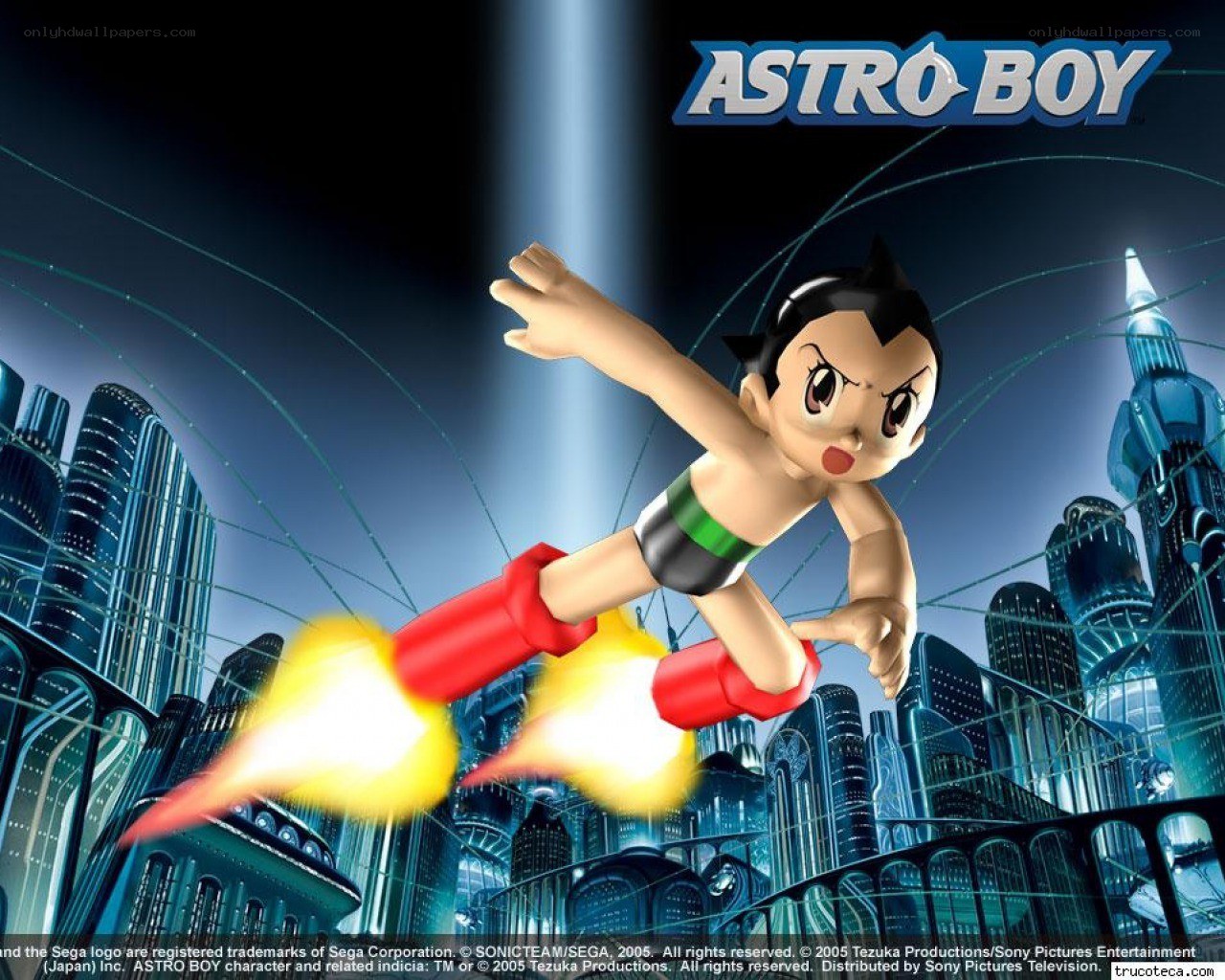 Astro Boy flying over city