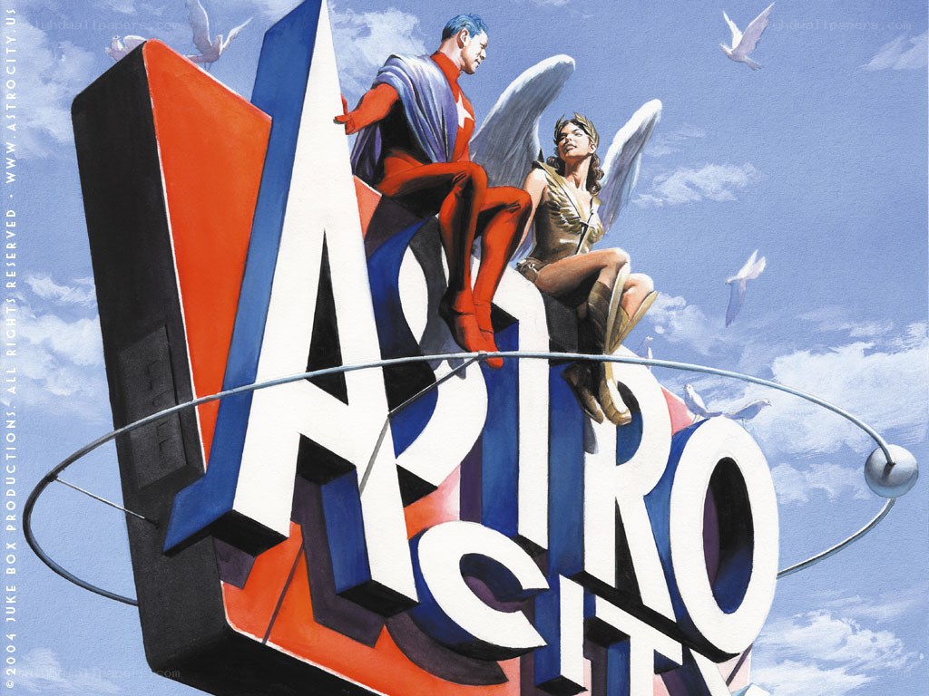 Astro City sign with superheroes