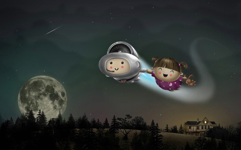 astronaut and child flying in space
