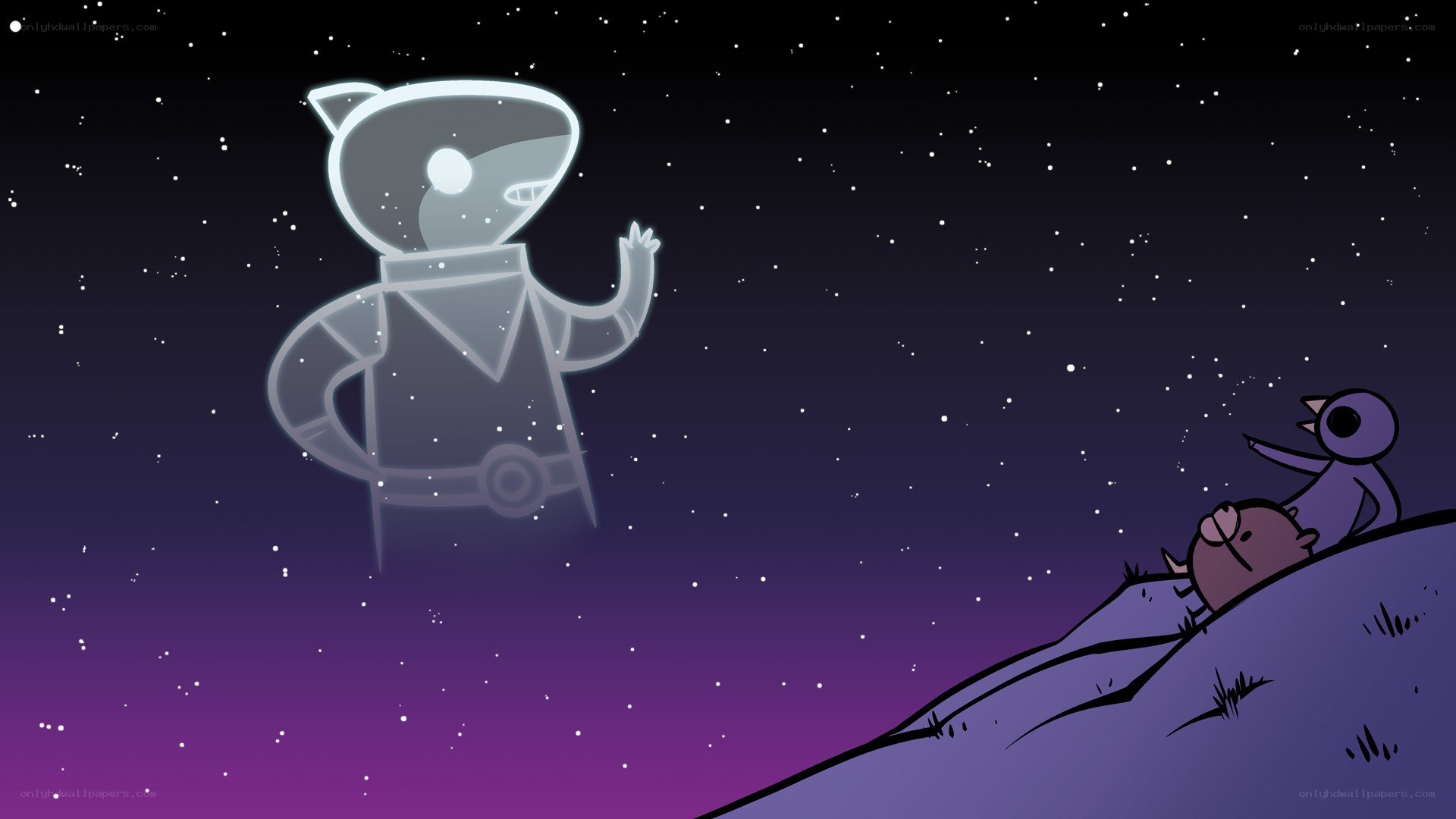 astronaut and creatures on hill