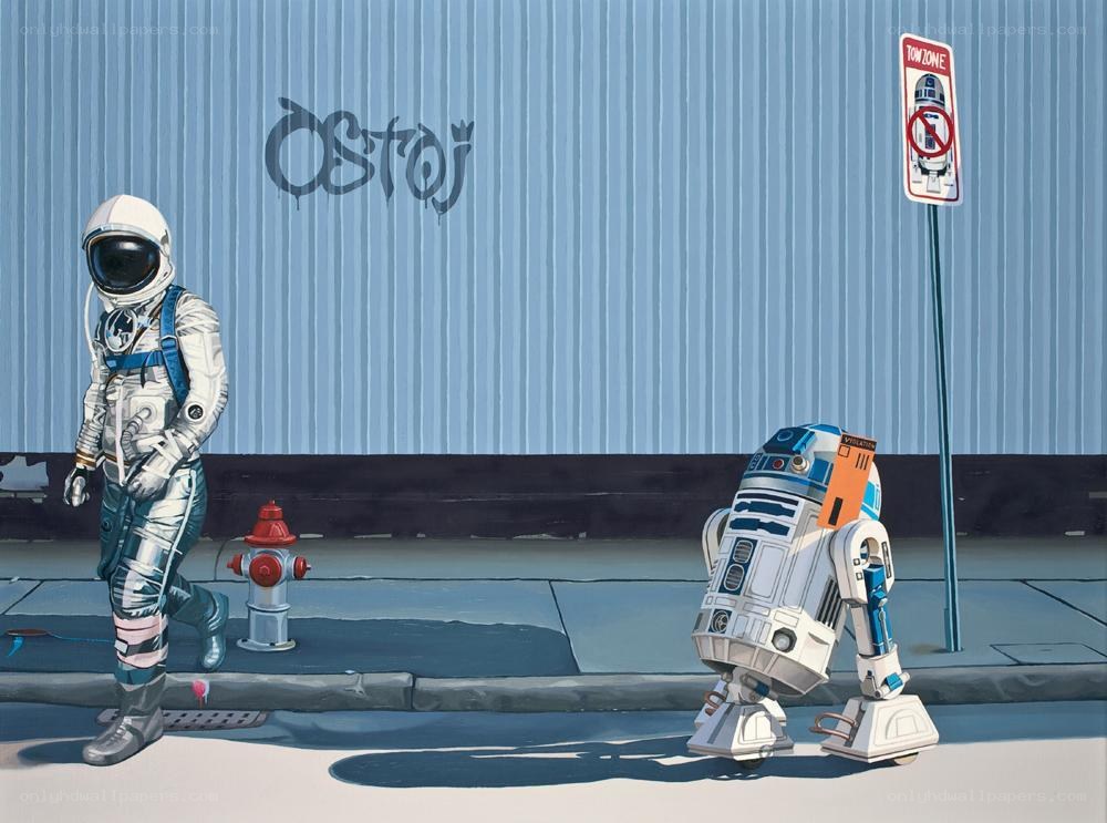 Astronaut and R2-D2 on a sidewalk