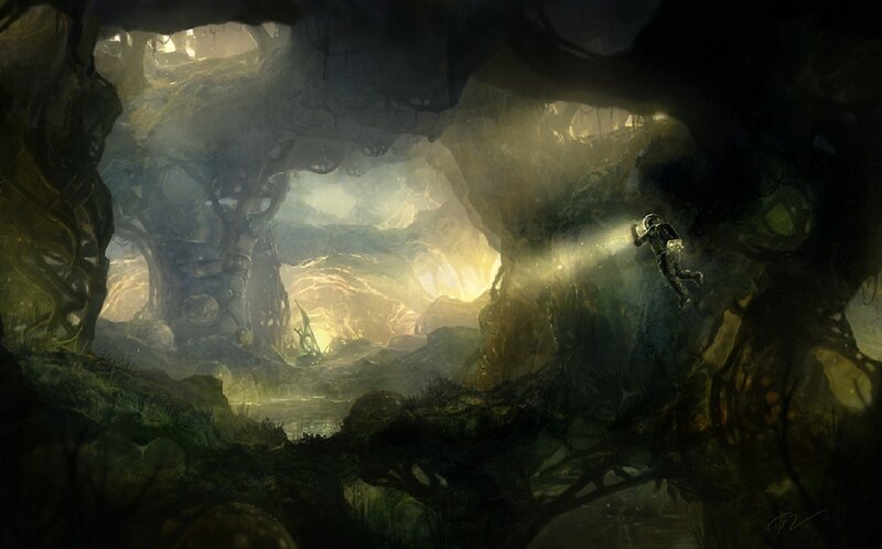 astronaut exploring alien cave