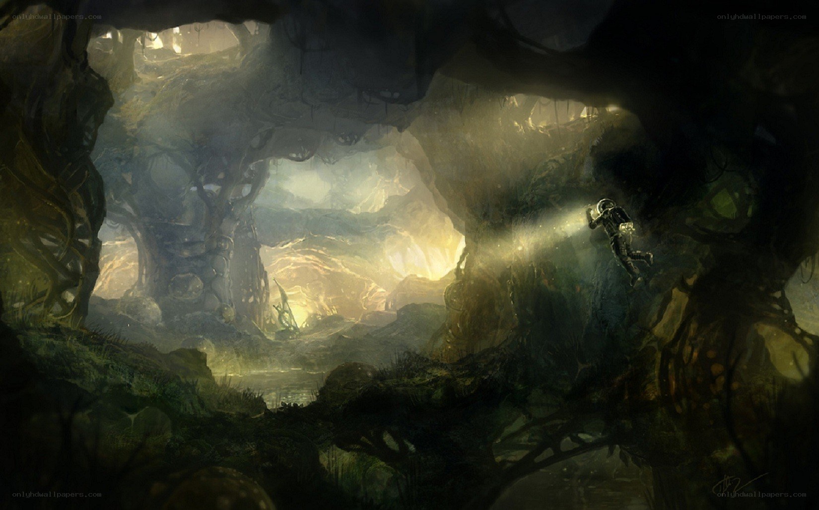 astronaut exploring alien cave