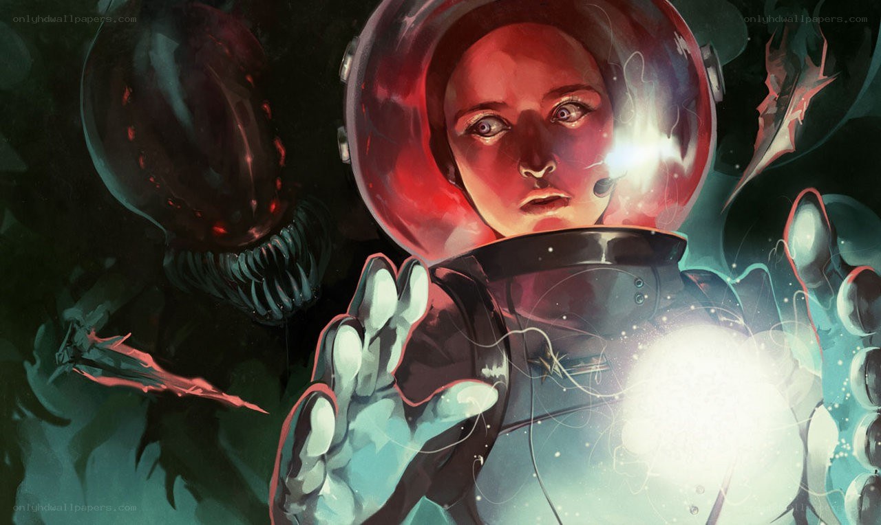 astronaut facing alien creature