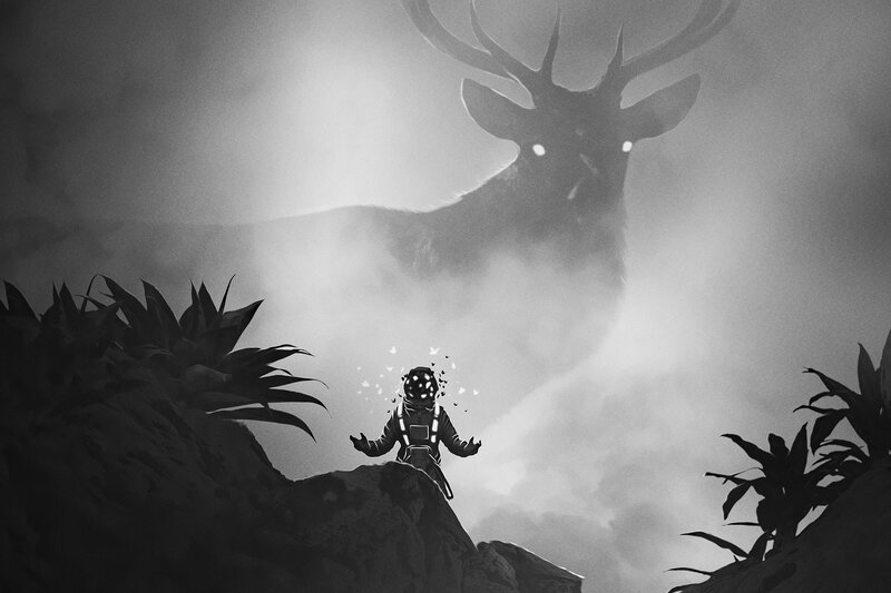 Astronaut Facing Giant Deer