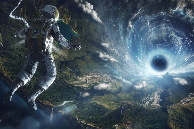 Astronaut Falling into Black Hole — Blue, Dramatic, Digital Art