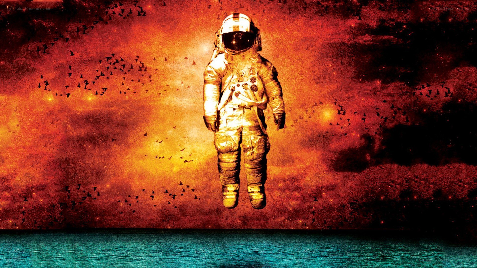 astronaut floating in fiery sky