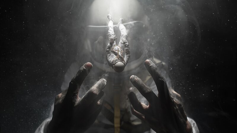 Astronaut Floating in Space — Black, Dramatic, Digital Art, Hands