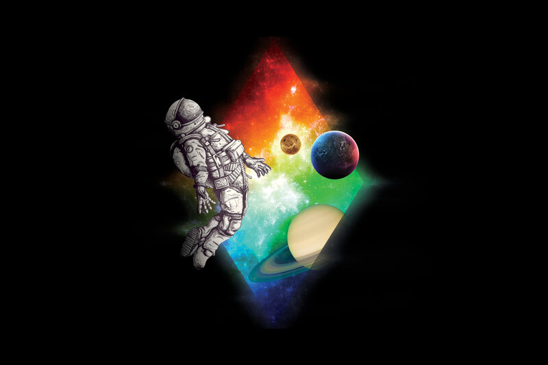 Astronaut Floating in Space — Black, Dramatic, Digital Art, Planets
