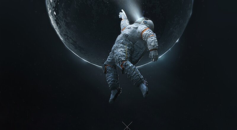 Astronaut Floating in Space — Black, Dramatic, Night, Digital Art