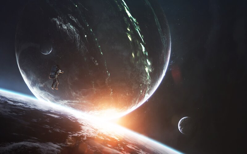 Astronaut Floating in Space — Black, Dramatic, Sunrise